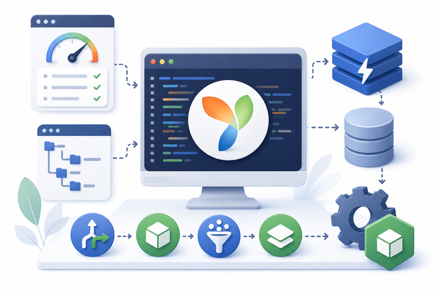 Illustration of optimizing the performance of a web application on the Yii2 framework with server, caching, database and application architecture elements
