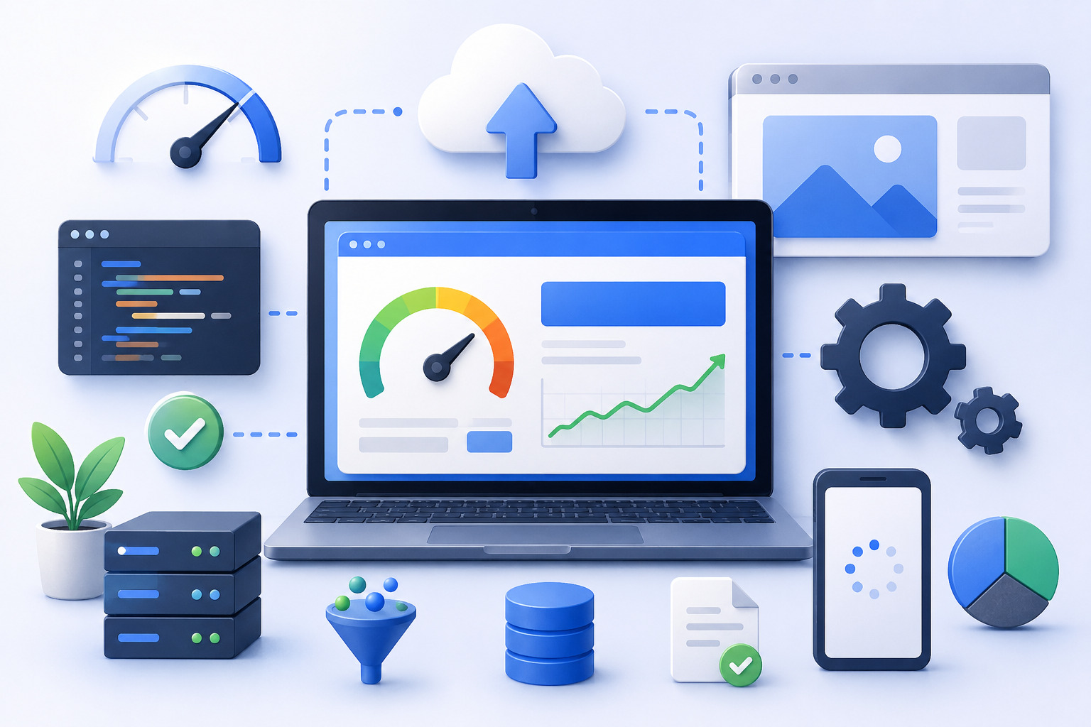 Schematic illustration of web application performance optimization with server, database, frontend, caching and speed growth graphs