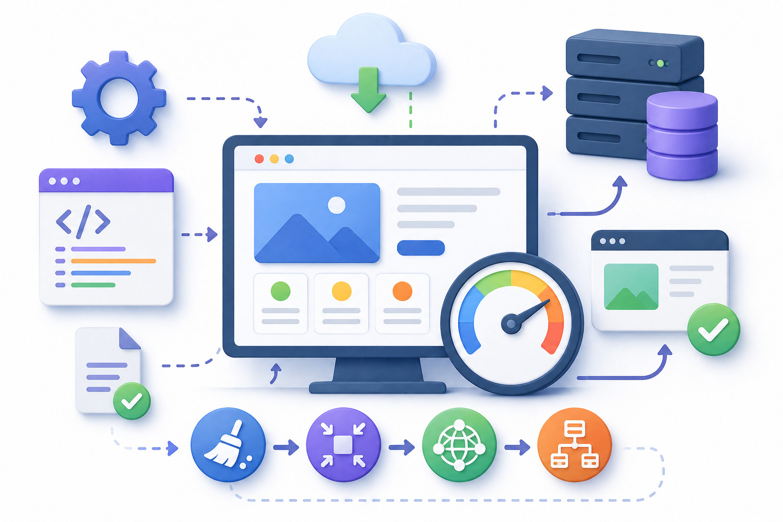 Illustration of general principles of web application optimization with server, browser, caching, database and performance improvement graph