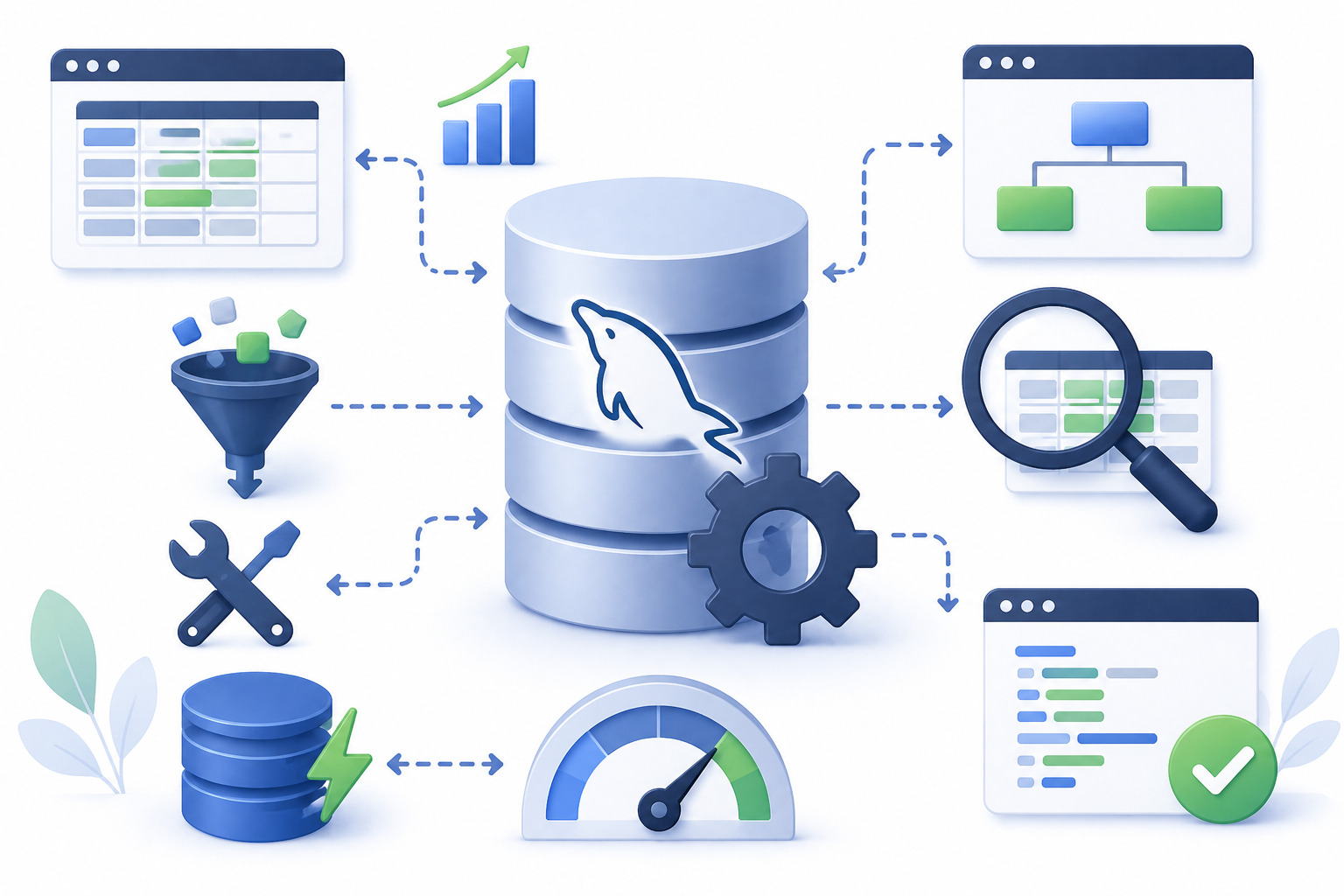 Illustration of MySQL database optimization with server, tables, indexes, SQL queries and performance improvement graph