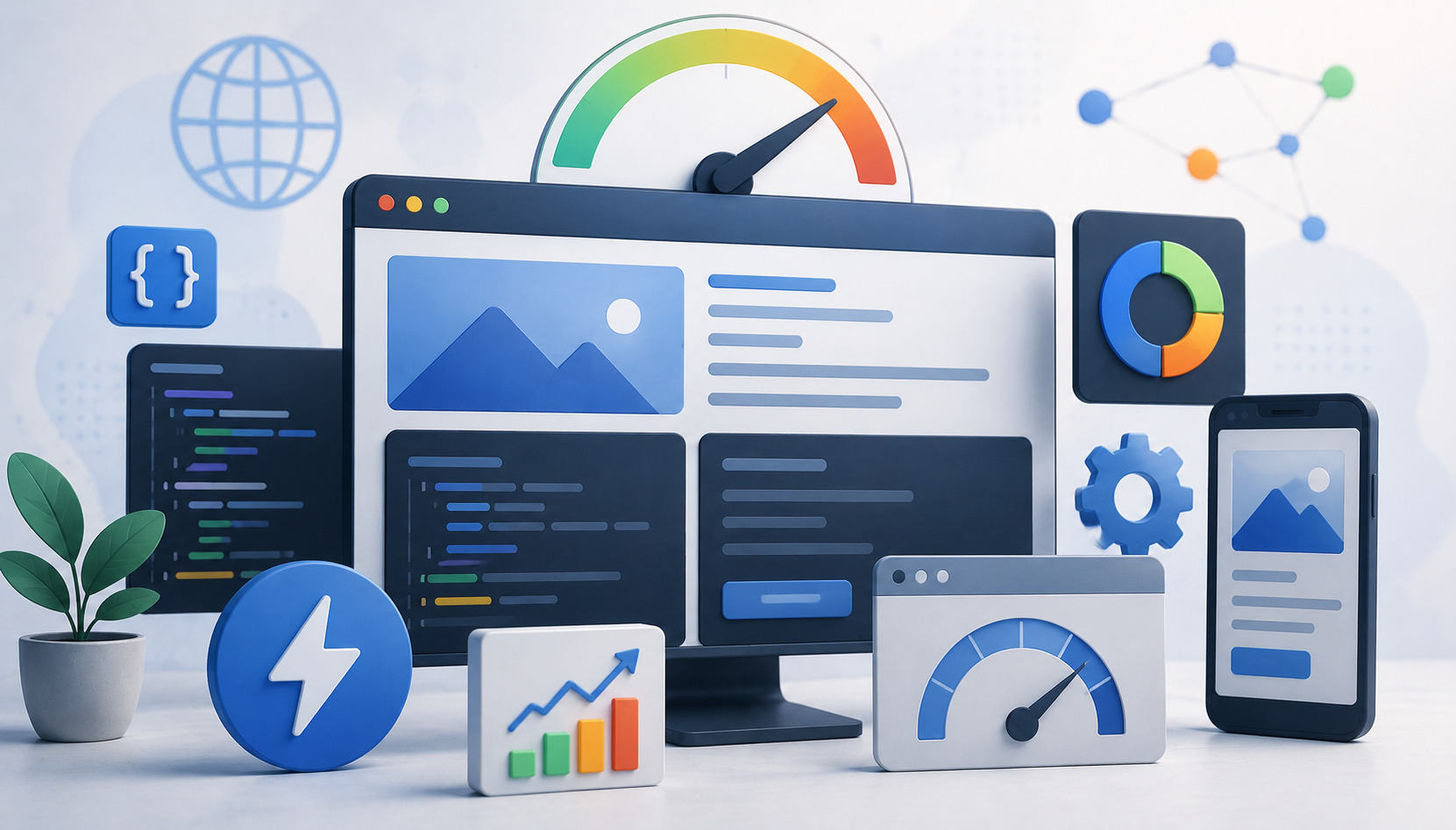 Frontend optimization illustration with browser, HTML, CSS, JavaScript, caching, optimized images and performance growth graph