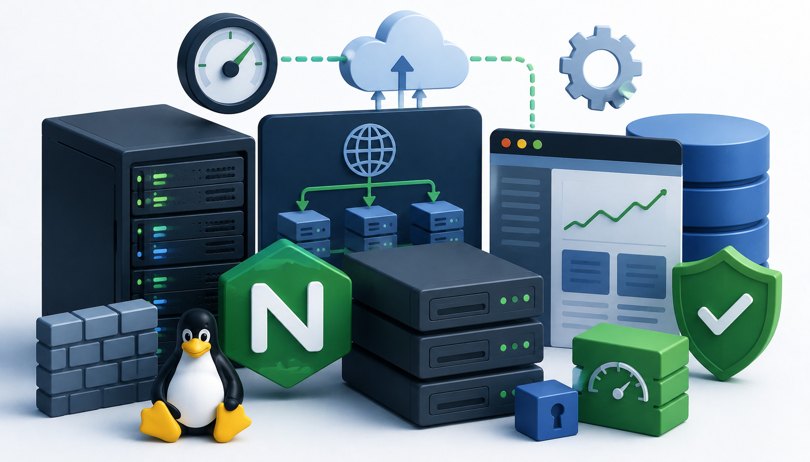 Illustration of web application infrastructure optimization with servers, CDN, load balancer, containers, cloud infrastructure and monitoring