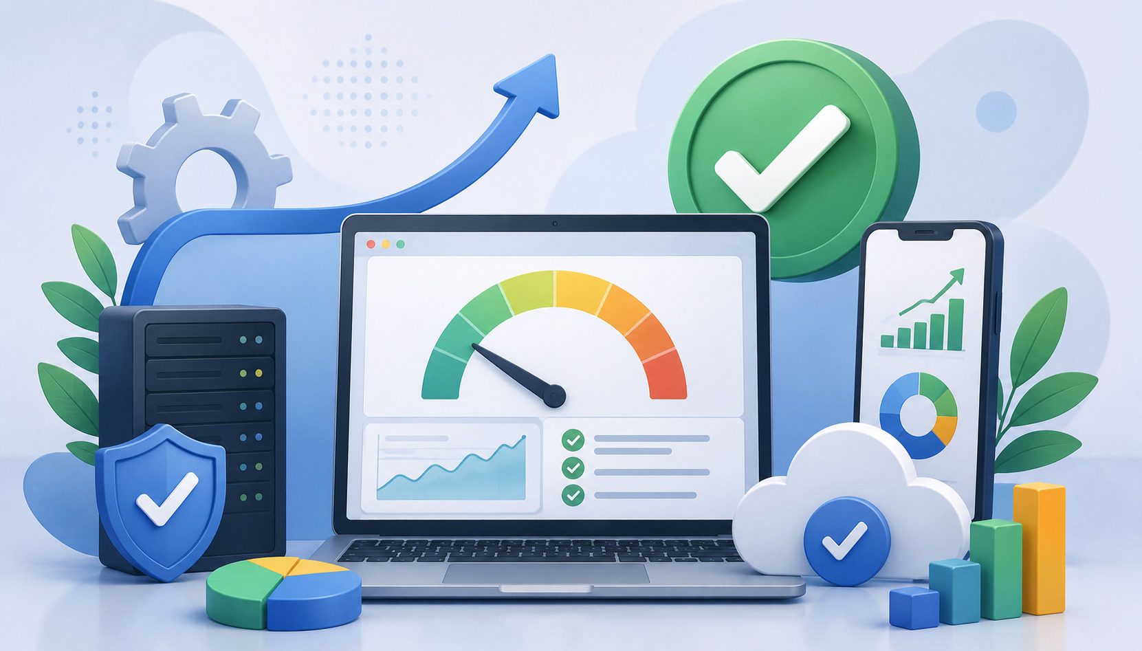 Illustration of the results of web application optimization with server, database, frontend, performance growth graph and infrastructure