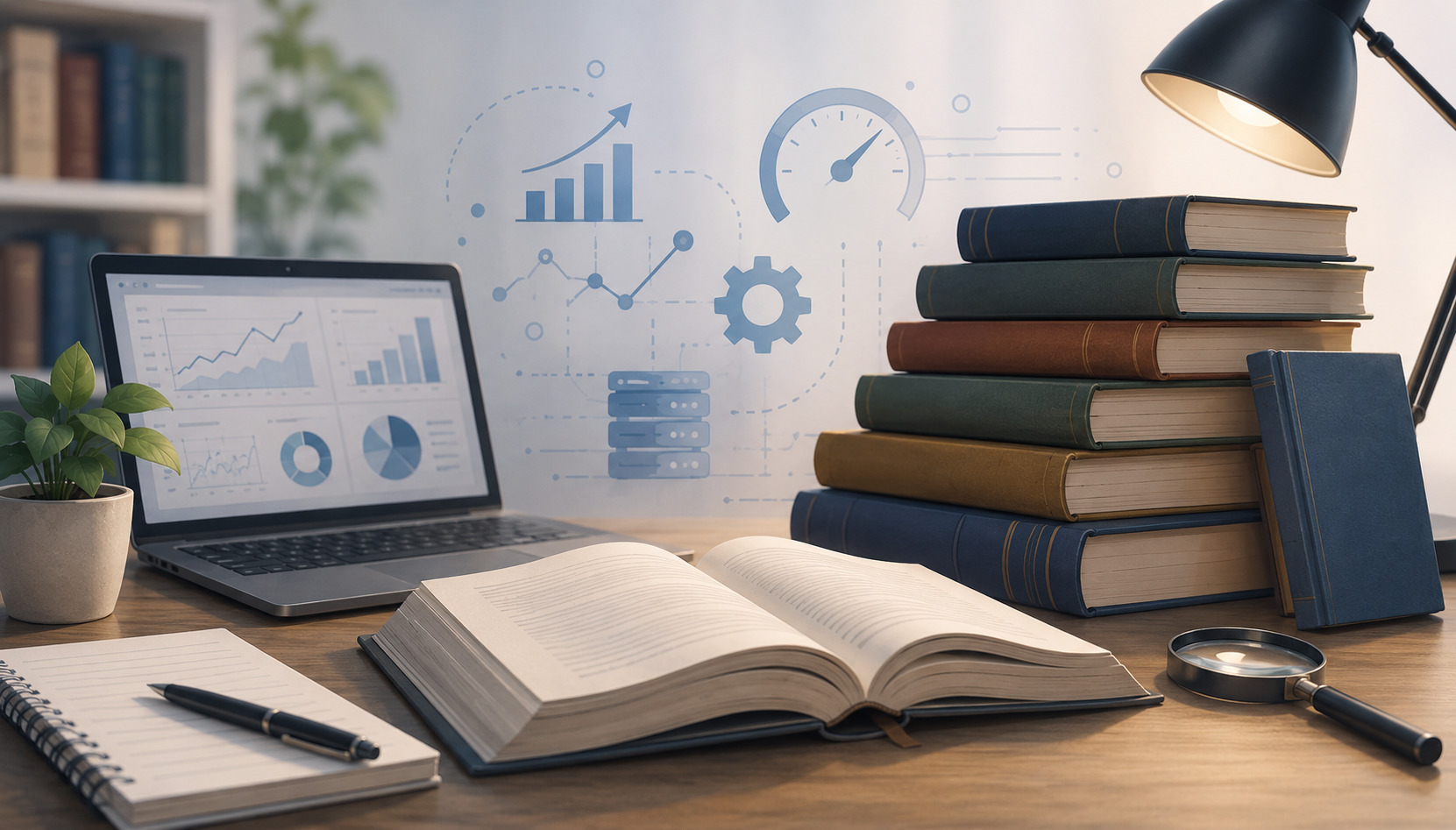 Illustration of reference list with books, documentation, laptop and web development elements